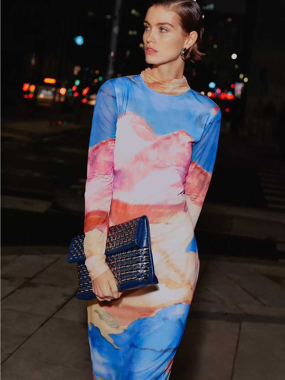 Anthropologie Long-Sleeve Watercolor Maxi Dress in Pink, Blue and Yellow